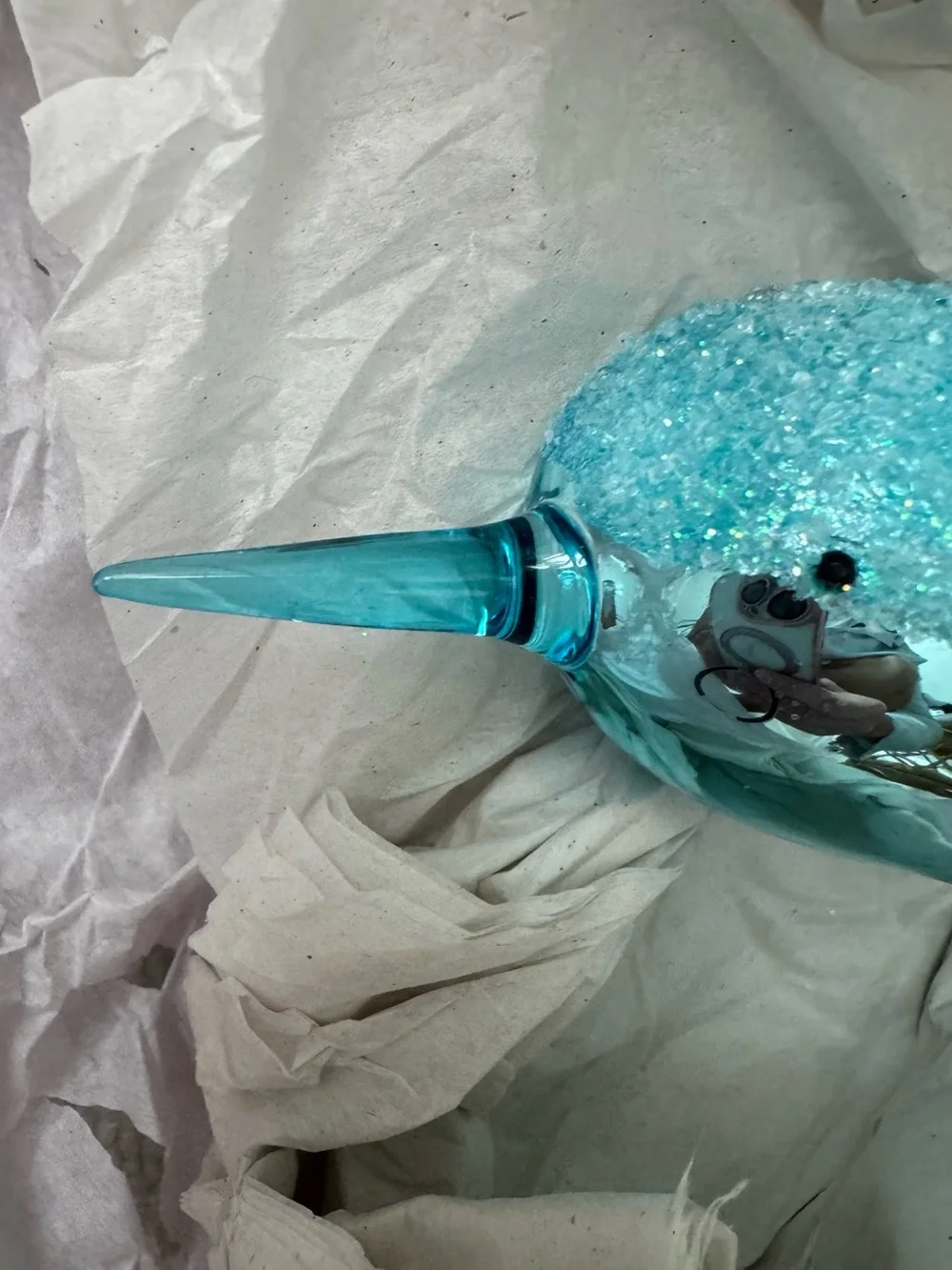 RARE - NIB Pottery Barn Blue Glass Narwhal Christmas Ornament